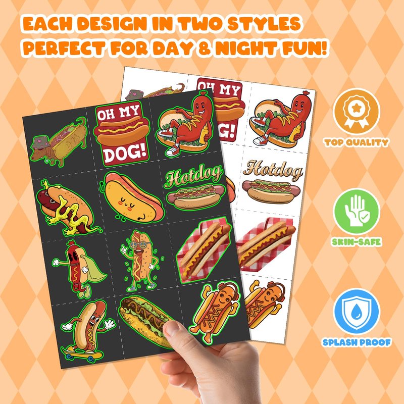 BOIKOKY 96 PCS Hot Dog Party Favors Set – 72 Pre-Cut Temporary Tattoos & 24 Slap Bracelets for Kids, Perfect for Food-Themed Birthday Parties, BBQ Celebrations & Classroom Rewards