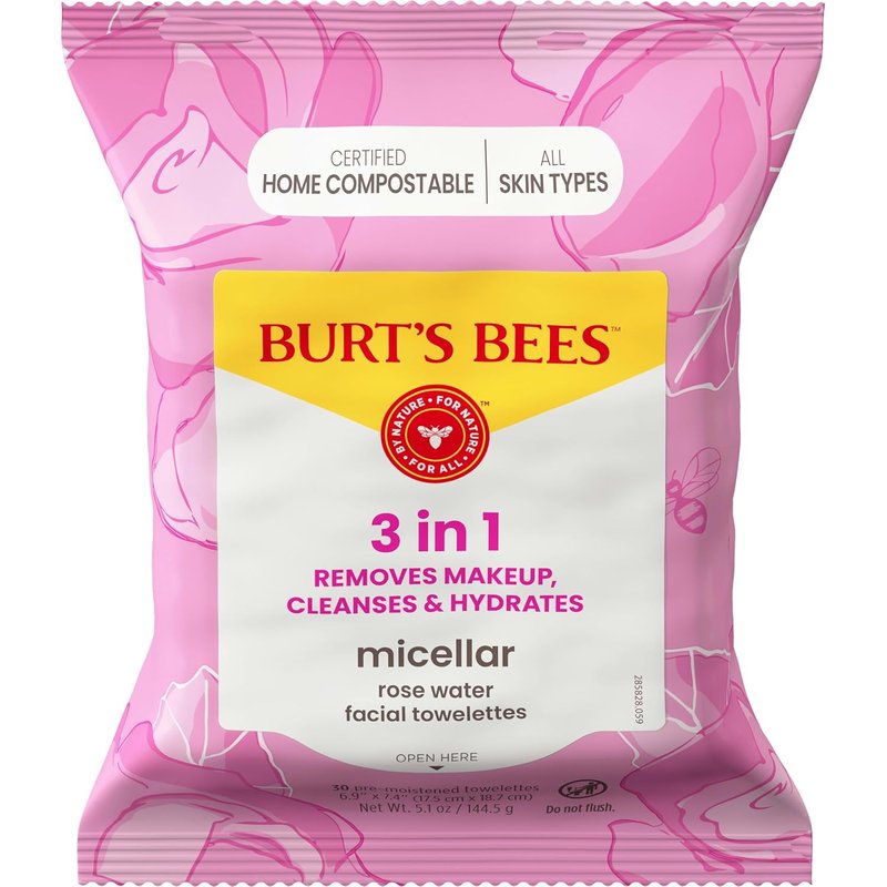 Burt's Bees Micellar Rose Water Facial Towelettes - 100% Plant-Based, 99% Natural Makeup Remover | All Skin Types