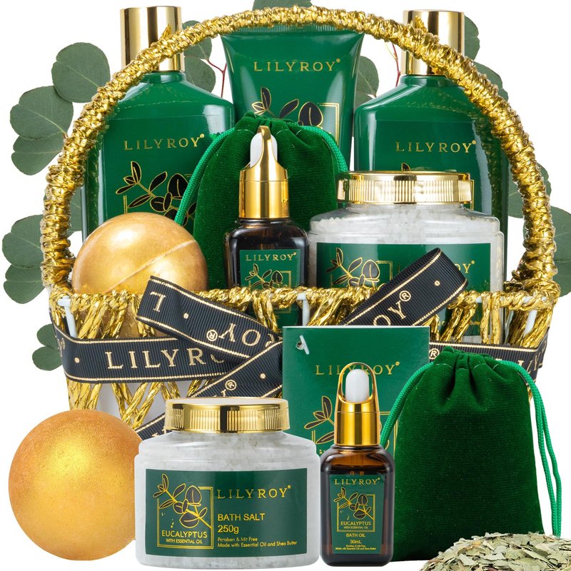 Fathers Day Gift for Men, Gifts for Women, Birthday Gift - 9 Pieces Premium Eucalyptus Spa Gift Basket for Women & Men, Bath & Body Spa Kit, Valentines, Christmas, Mothers Day Gifts for Mom