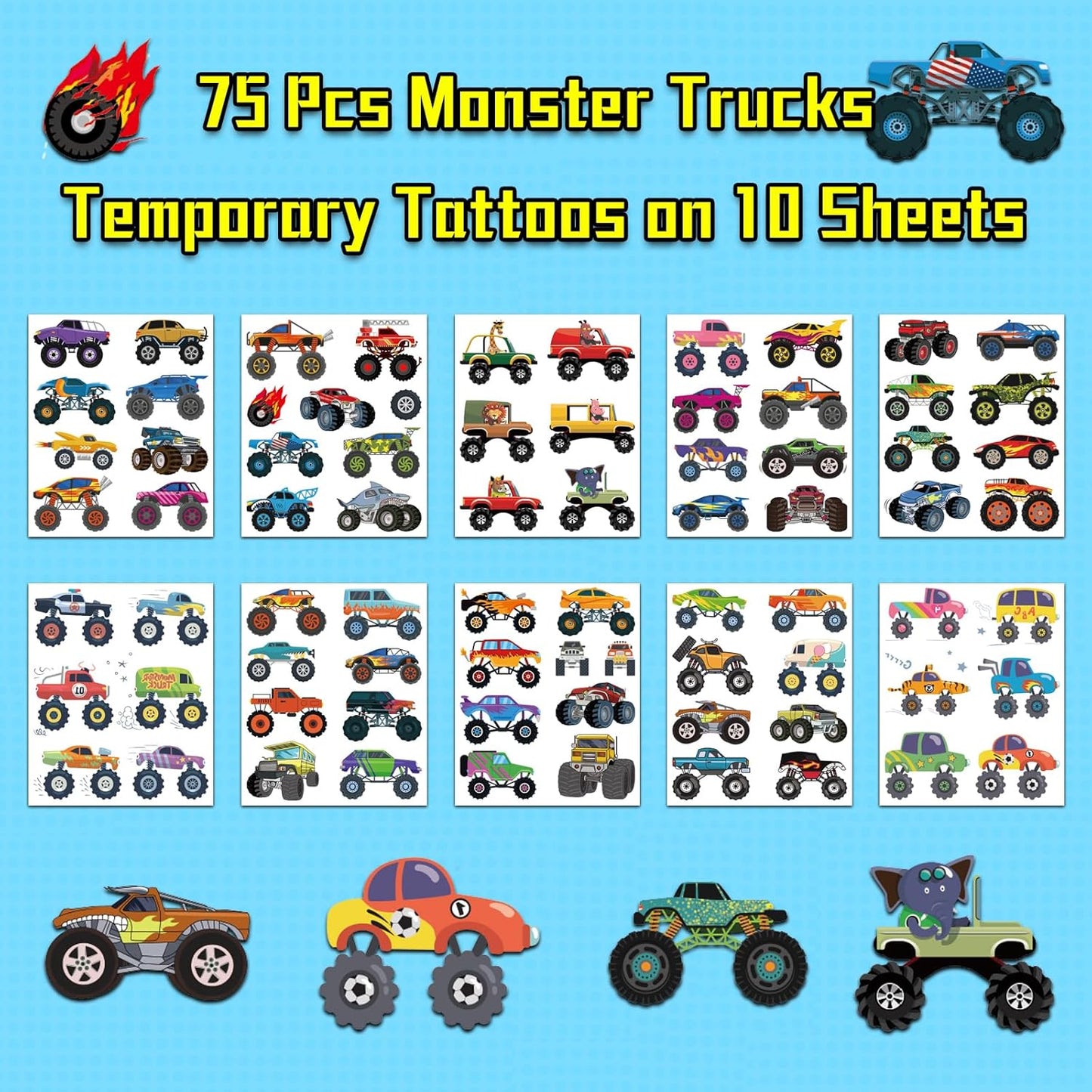 Monster Trucks Temporary Tattoo for Kids, 10 Sheets Monster Truck Fake Tattoos for Boys Party Favors, Goodie Bags Stuffers, Brithday Supplies Decorations
