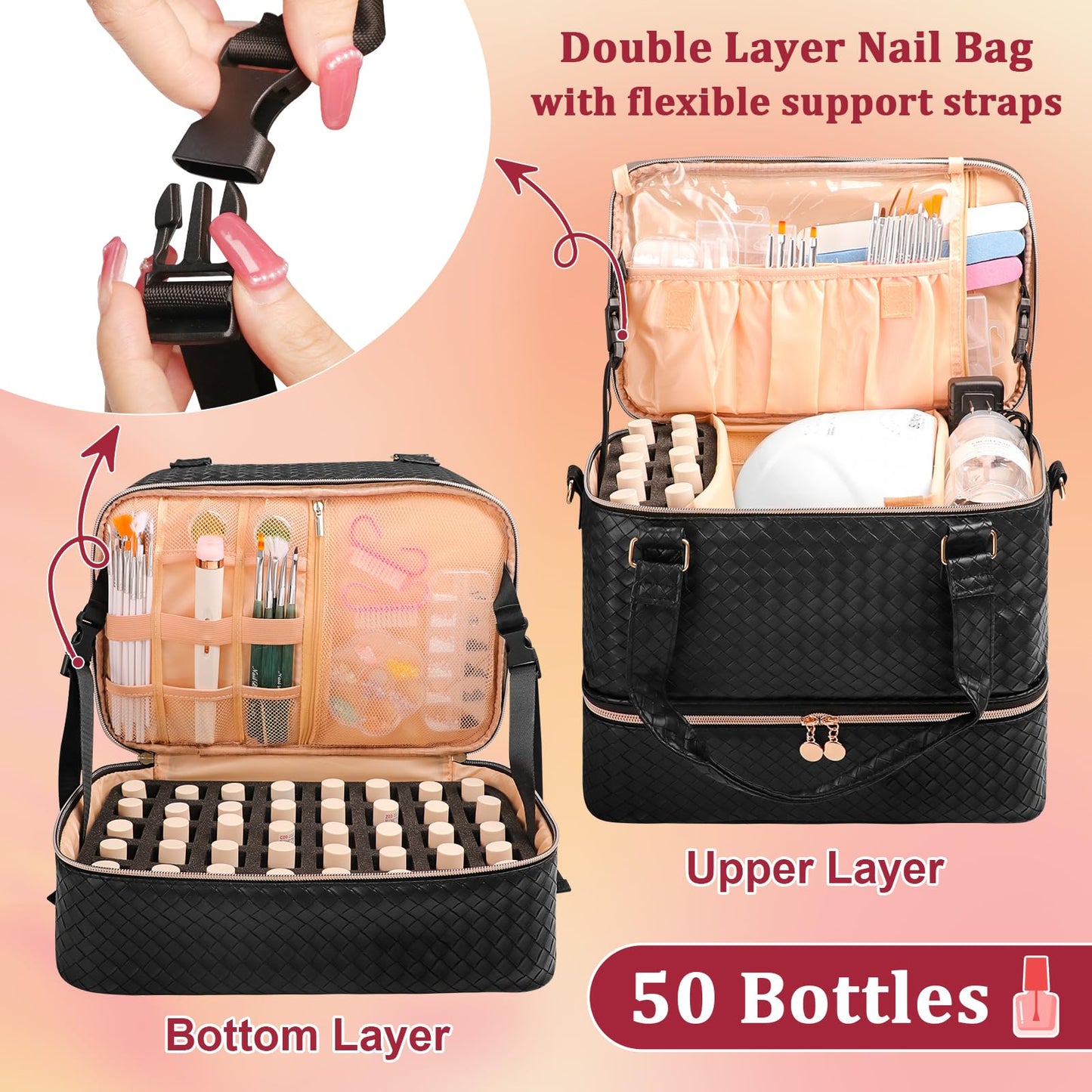 SIYNPAV Nail Polish Organizer Bag Holds 50 Bottles (15ml/0.5 fl.oz)& Nail Lamp, Vegan Leather Nail Kit Storage Case with Holder Staps, Portable Nail Supplies Organizer for Manicure Tools (Black)