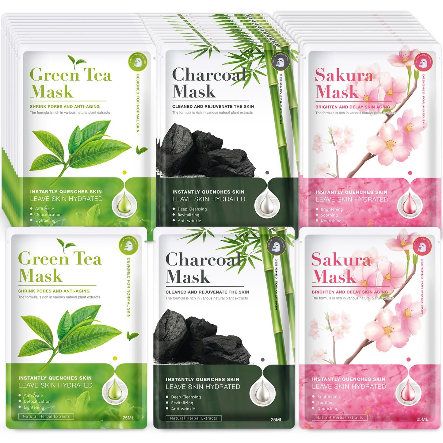 Liyawudo 36 Pack Centella Asiatica Face Mask Set – Hydrating Face Masks with Green Tea, Sakura & Charcoal | Moisturizing Facial Masks for Women | Sensitive & All Skin Types