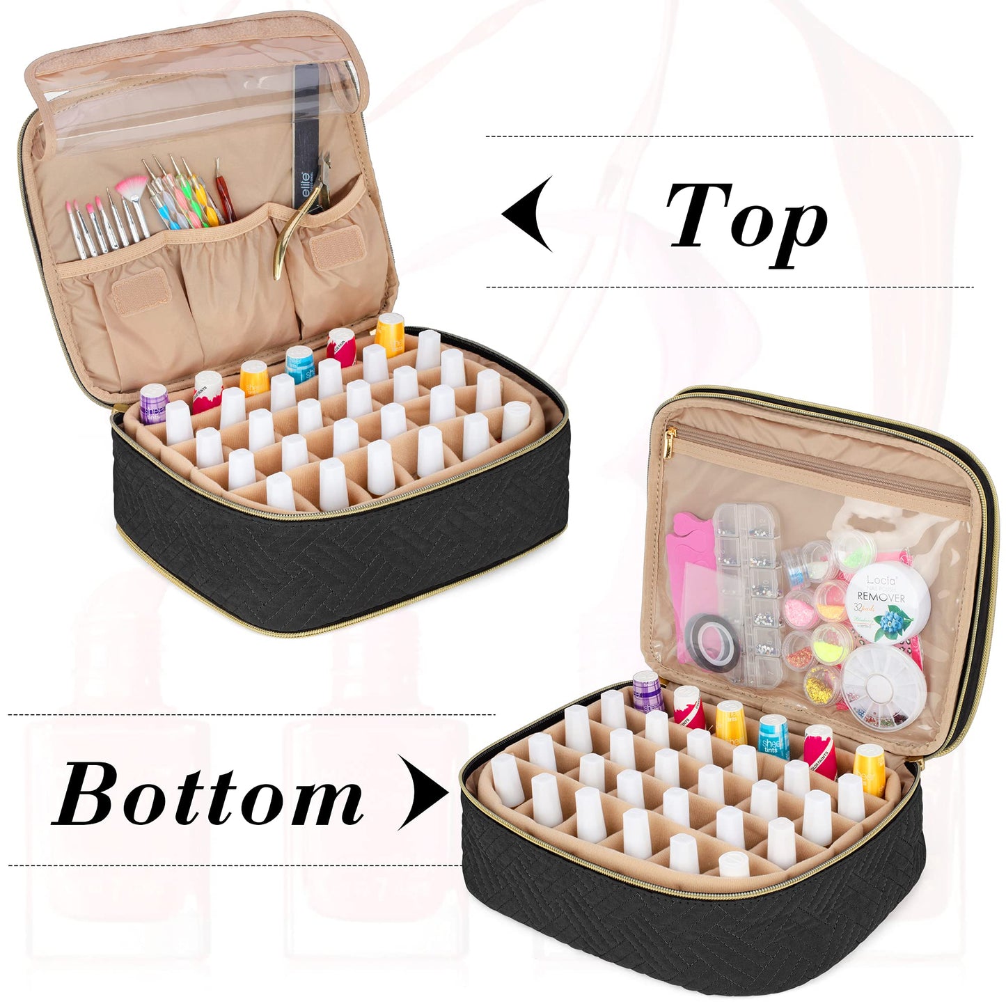 LUXJA Detachable 2 Layers Nail Polish Organizer - Hold 60 Bottles (15ml - 0.5 fl.oz), Nail Polish Case with Tools Storage Pockets (Patented Design), Black