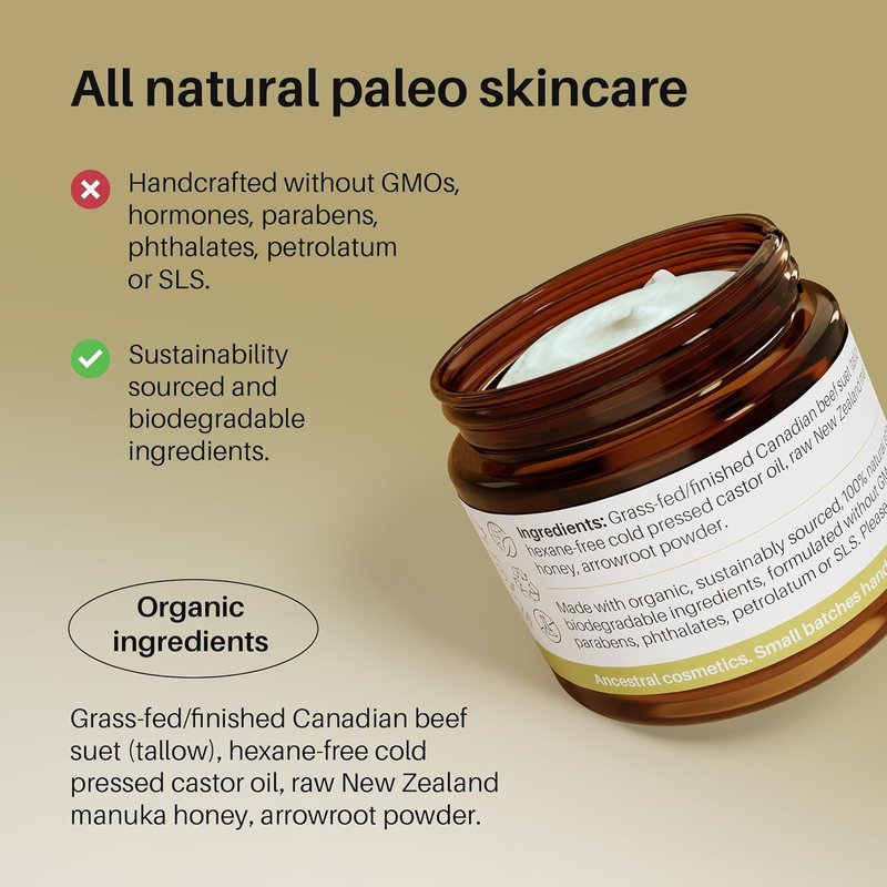 Organic Tallow Cream - Natural Unscented Face & Body Moisturizer with Manuka Honey | 60 ml (2 oz)