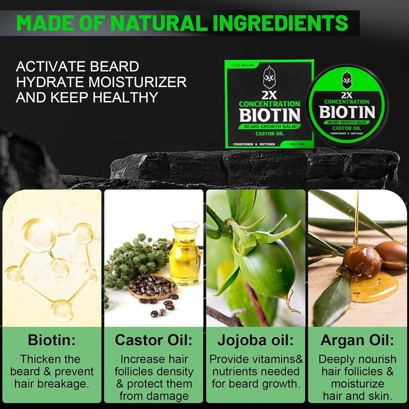 Beard Balm for Growth & Softening - 2X Thickening Biotin with Castor, Argan & Jojoba Oils | 2 Ounce, Vanilla, Cedar, Orange