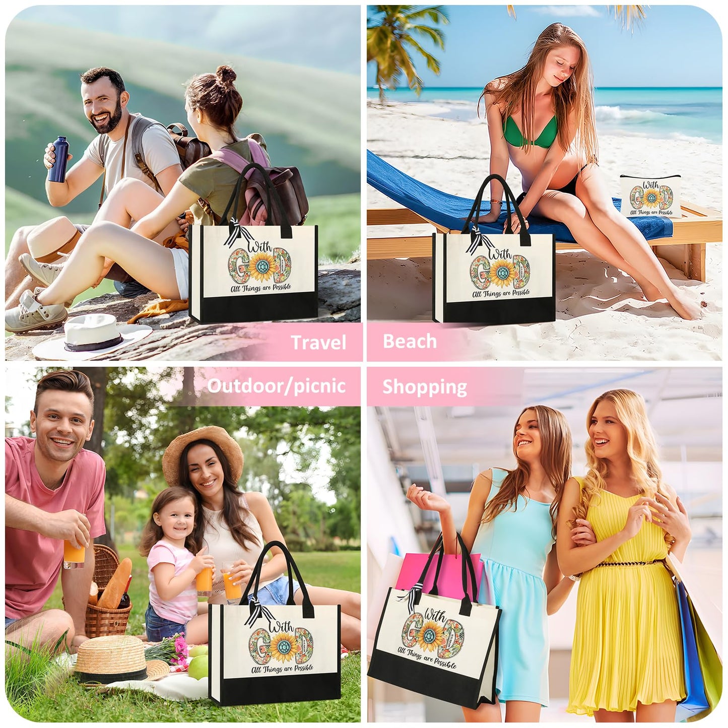 Tecanne Christian Gifts for Women, Canvas Tote Bag with Makeup Bag (4 Sets)