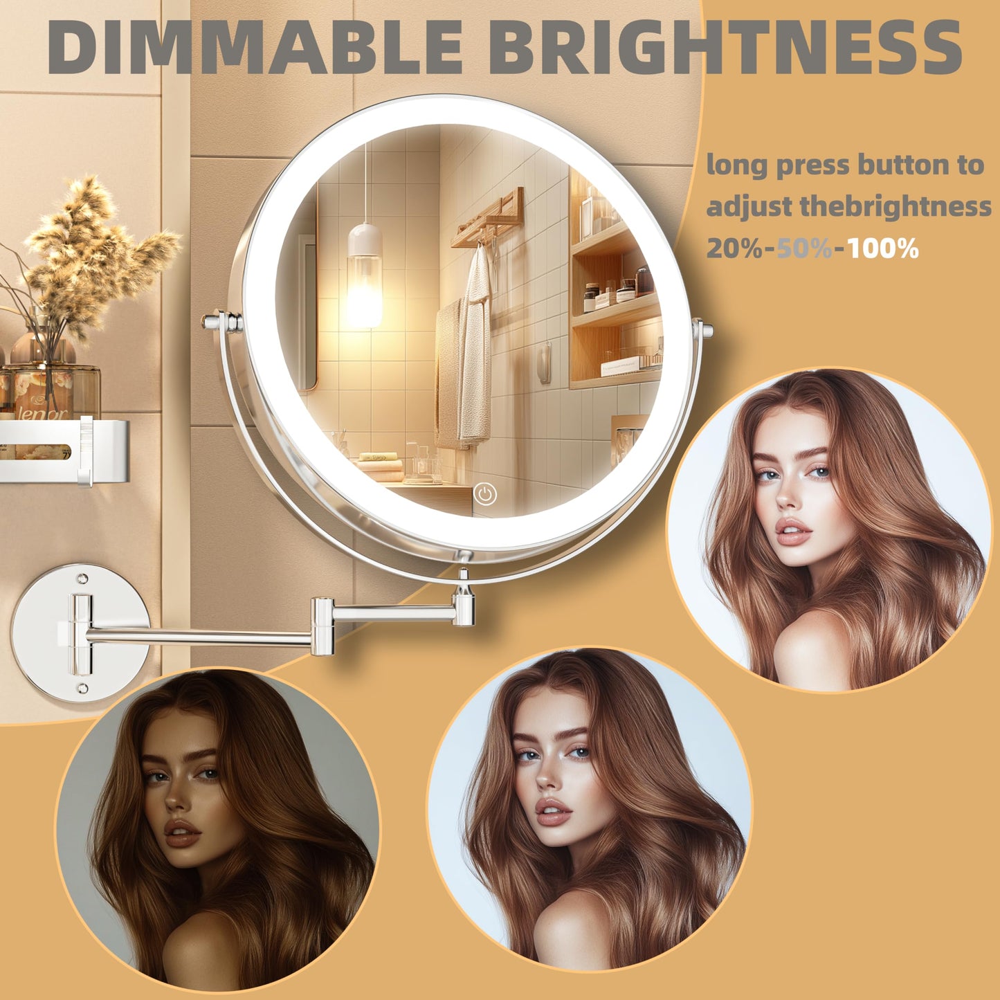 BATUSO 8.5 Inch Wall Mounted Lighted Makeup Mirror, 1X/10X Magnifying Mirror with 19.7 Inch Extended Arm, 3 Color Lights Touch Dimmable, 360 Rotation, 2000mAh Rechargeable Bathroom Vanity Mirror Round