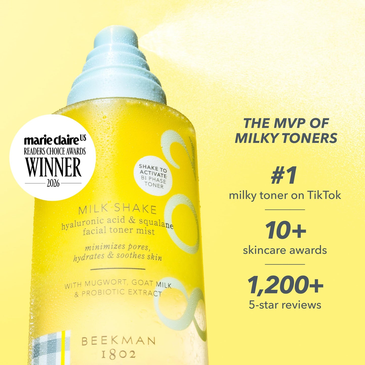 Beekman 1802 Milk Shake Hydrating Face Mist – Setting Spray & Milky Toner with Hyaluronic Acid & Squalane – Facial Toner & Face Spray – Lightweight Hydration, Minimizes Pores, Fragrance Free 8.1 Fl Oz