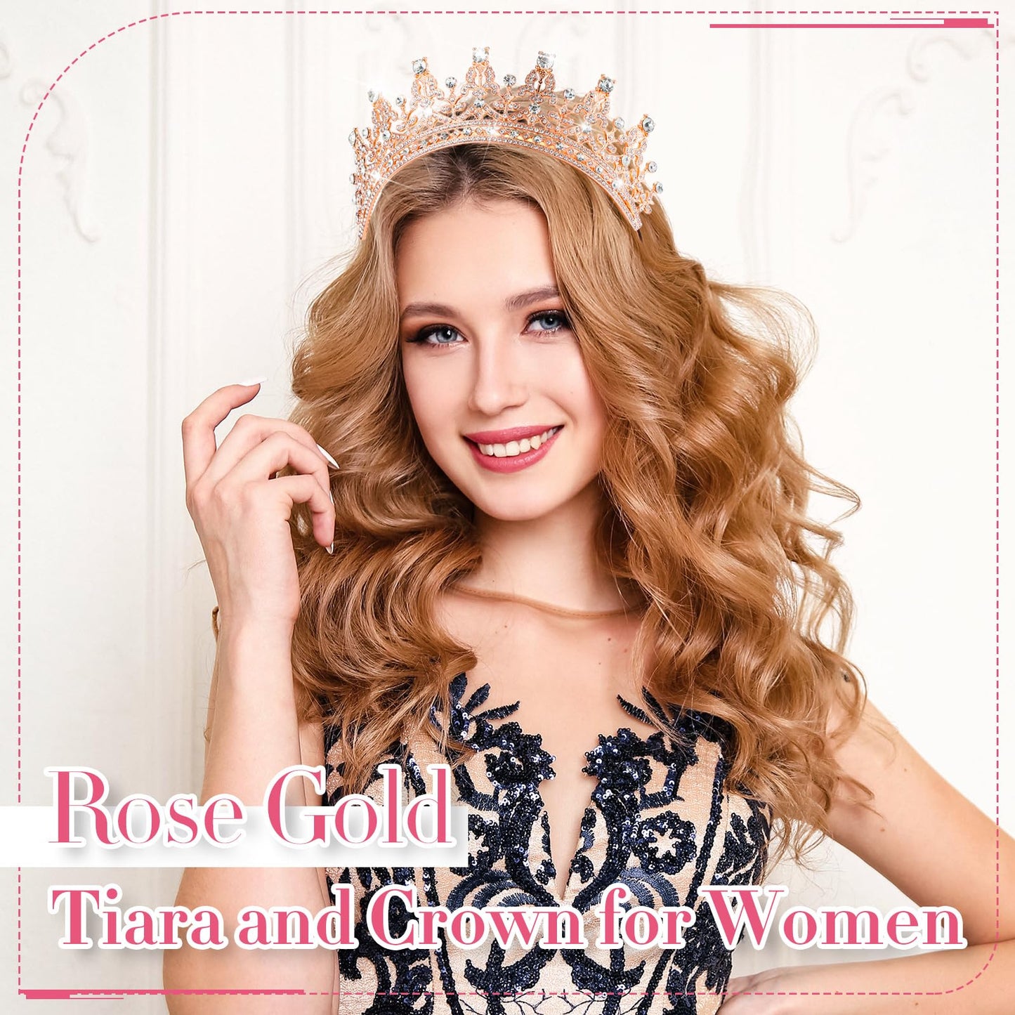 Wavyknot 10 Pieces Crown Tiara for Women Crystal Headband with Comb Princess Rhinestone Queen Crown Bridal Hair Accessories Jewelry for Women Prom Birthday Party Wedding Gifts(Rose Gold)