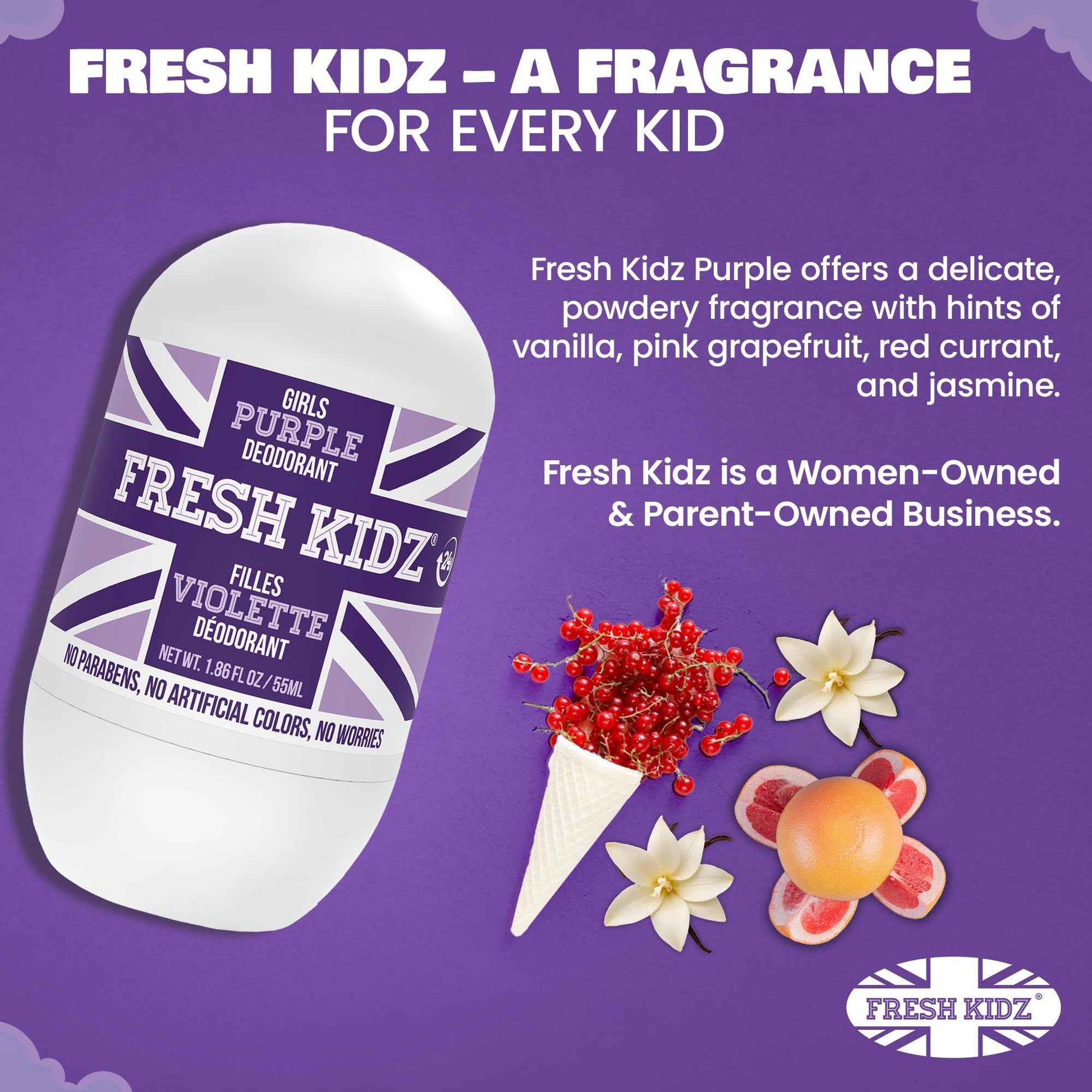 Fresh Kidz Roll On Deodorant for Kids and Teens - Baking Soda and Aluminum-free 24 Hour Protection for Sensitive Skin - Girls "Purple" 1.86 fl.oz. (2 Pack)