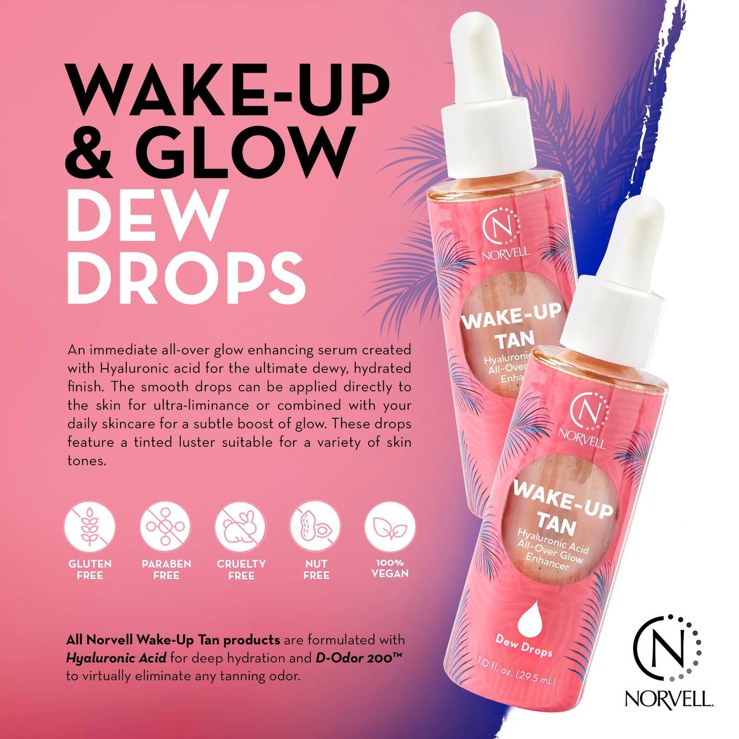 Norvell Wake-Up Tan Dew Drops, 1 oz Luminizing Glow Drops for Face & Body, Mix with Makeup or Moisturizer, Fragrance-Free Cosmetic Illuminator