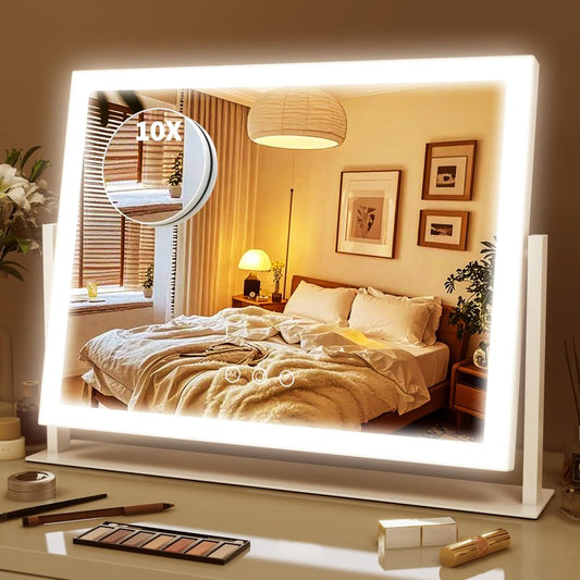 ROLOVE Lighted Makeup Mirror 16.3"x12.6", Hollywood Vanity Mirror with 10X Magnifier, 3 Color LED Lighting Modes, Smart Touch Control & 360° Rotation, Tabletop Makeup Mirror (White, Gift Ready)