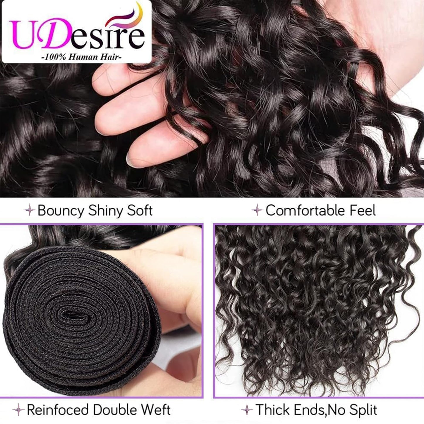 UDesire Water Wave Human Hair Bundles 12A Human Hair Bundles 24 inch Wet and Wavy Hair Double Weft Burmese Curly Hair Extensions for Women