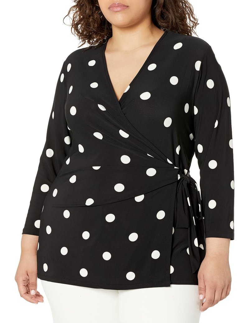 Anne Klein Plus-Size 3/4 Sleeve Faux Wrap Polka Dot Top