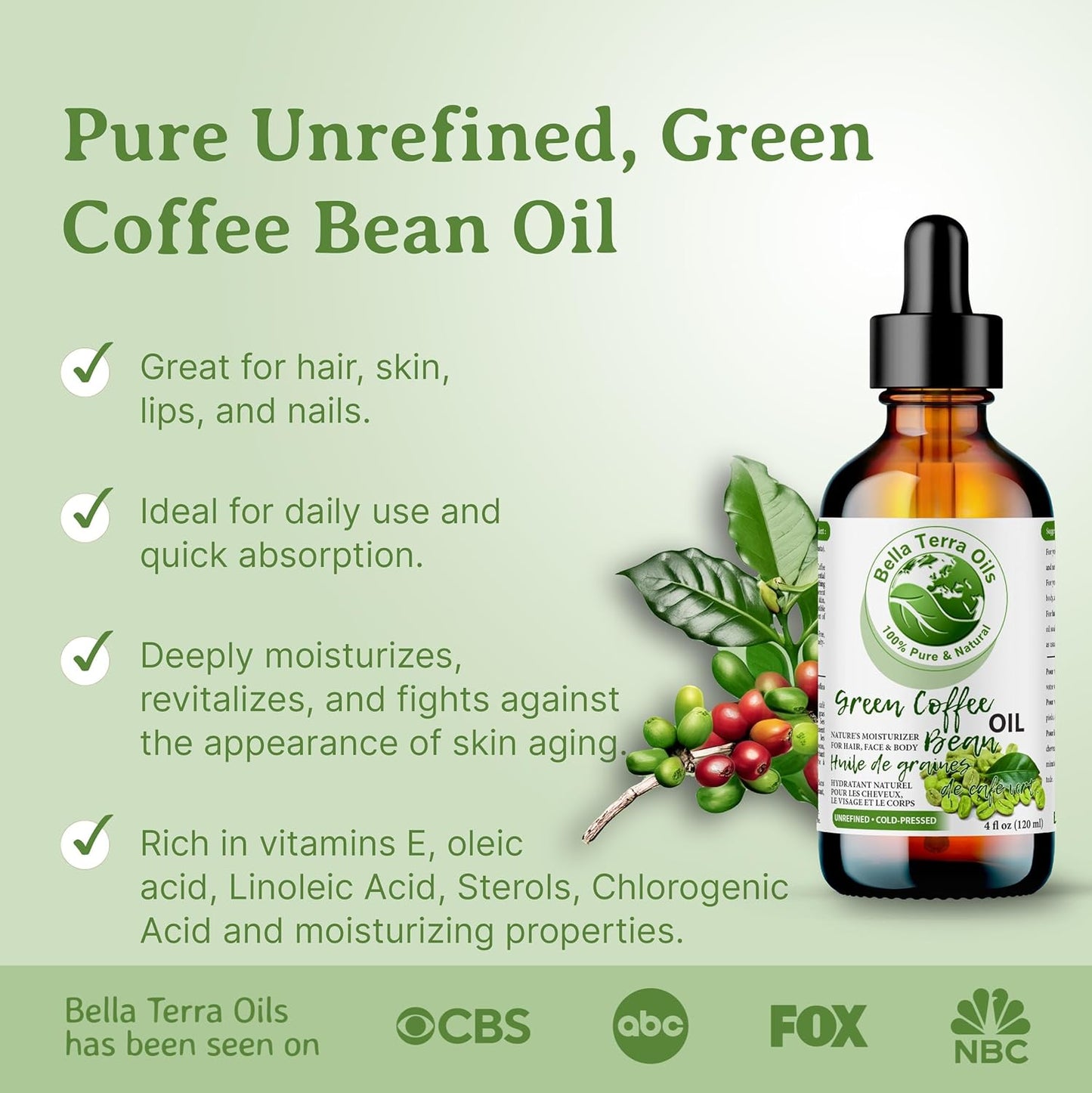 Green Coffee Bean Oil - 8 oz Natural Oil for Radiant Skin & Hair | Rich in Nutrients