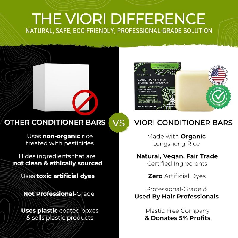 Viori Hidden Waterfall Conditioner Bar | Organic Rice Water Formula - Handcrafted, Eco-Friendly Hair Care
