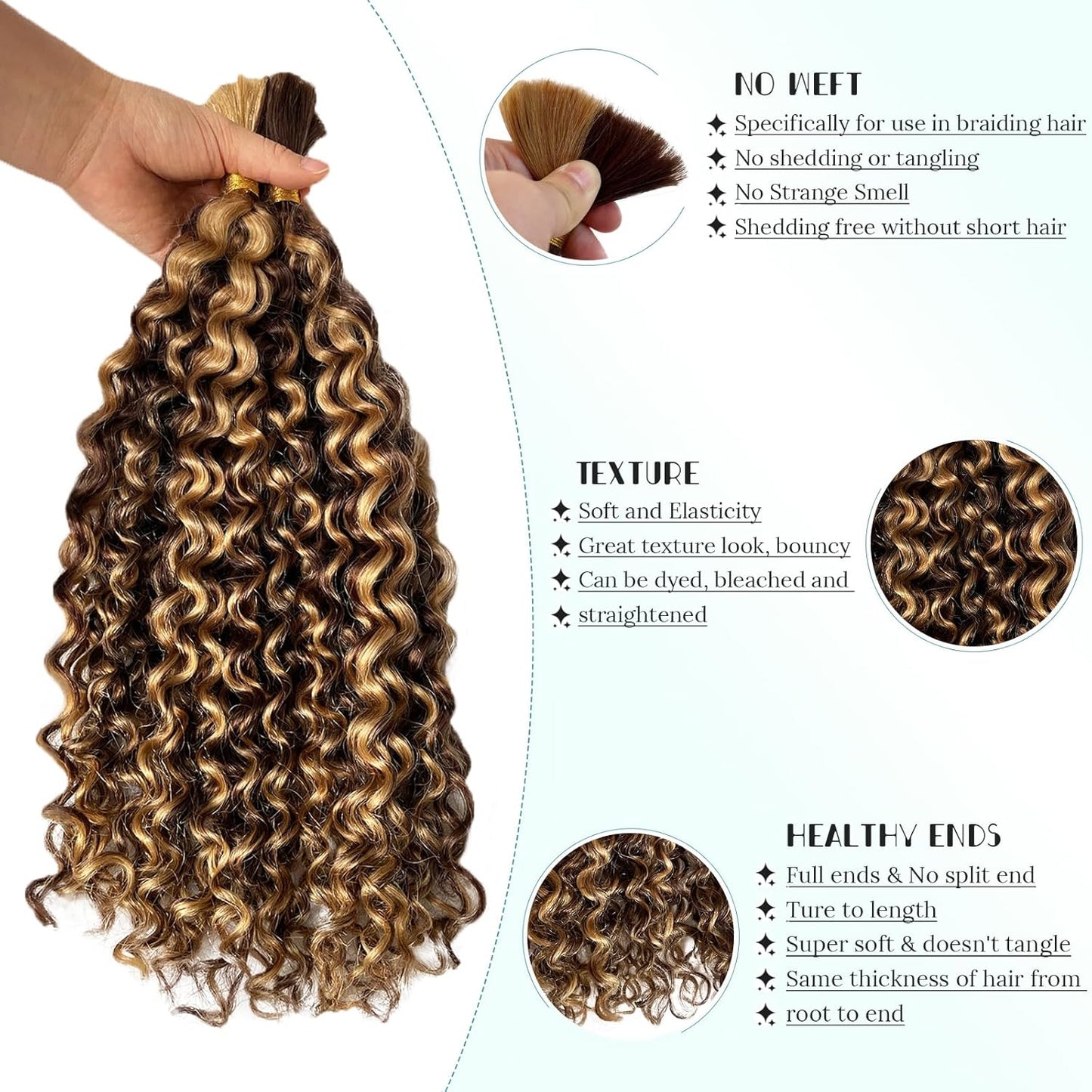 Human Braiding Hair - Deep Wave Ombre Curly Bulk Hair, 100g 2 Bundles | 14in P4/27 Highlight Brown for Boho Braids
