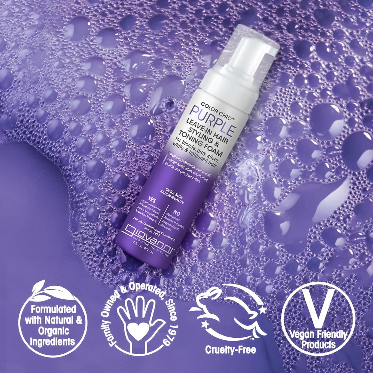 GIOVANNI Color Chic Purple Leave-In Hair Styling & Toning Foam - Purple Foam for Blonde, Gray, Brassy, Fine Hair, Gives Volume & Shine for Women & Men - 7 fl oz (Pack of 1)