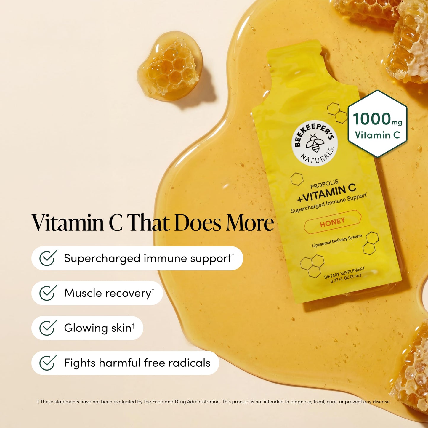 Propolis Liposomal Vitamin C by Beekeeper's Naturals, 1000mg Vitamin C, Propolis & Honey, Supercharged Immune Support & Increased Bioavailibity for Max Absorption, 12 Ct