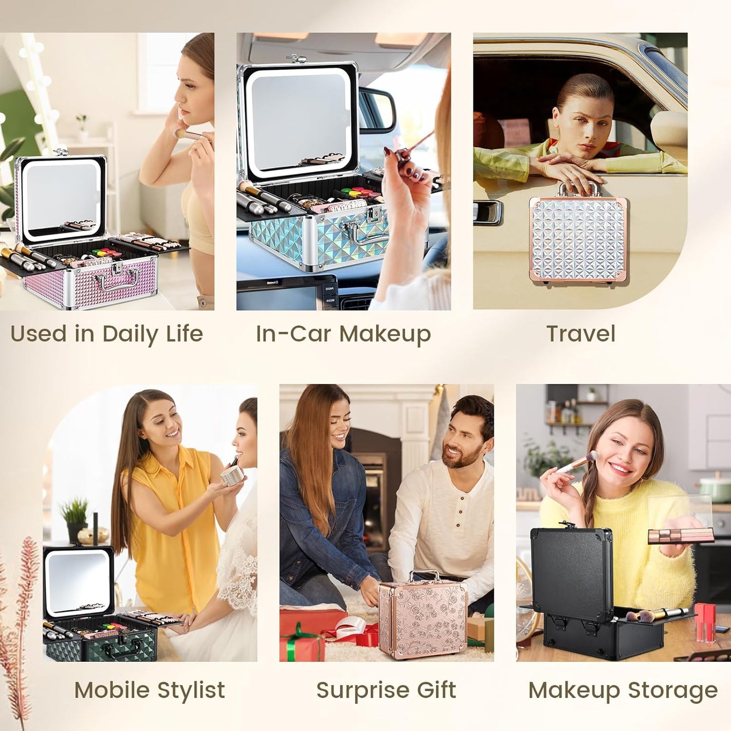 Makeup Organizer Case with Magnetic Lighted Mirror - Portable Vanity Box with LED Lighting, Lockable Keys & Dividers | Black