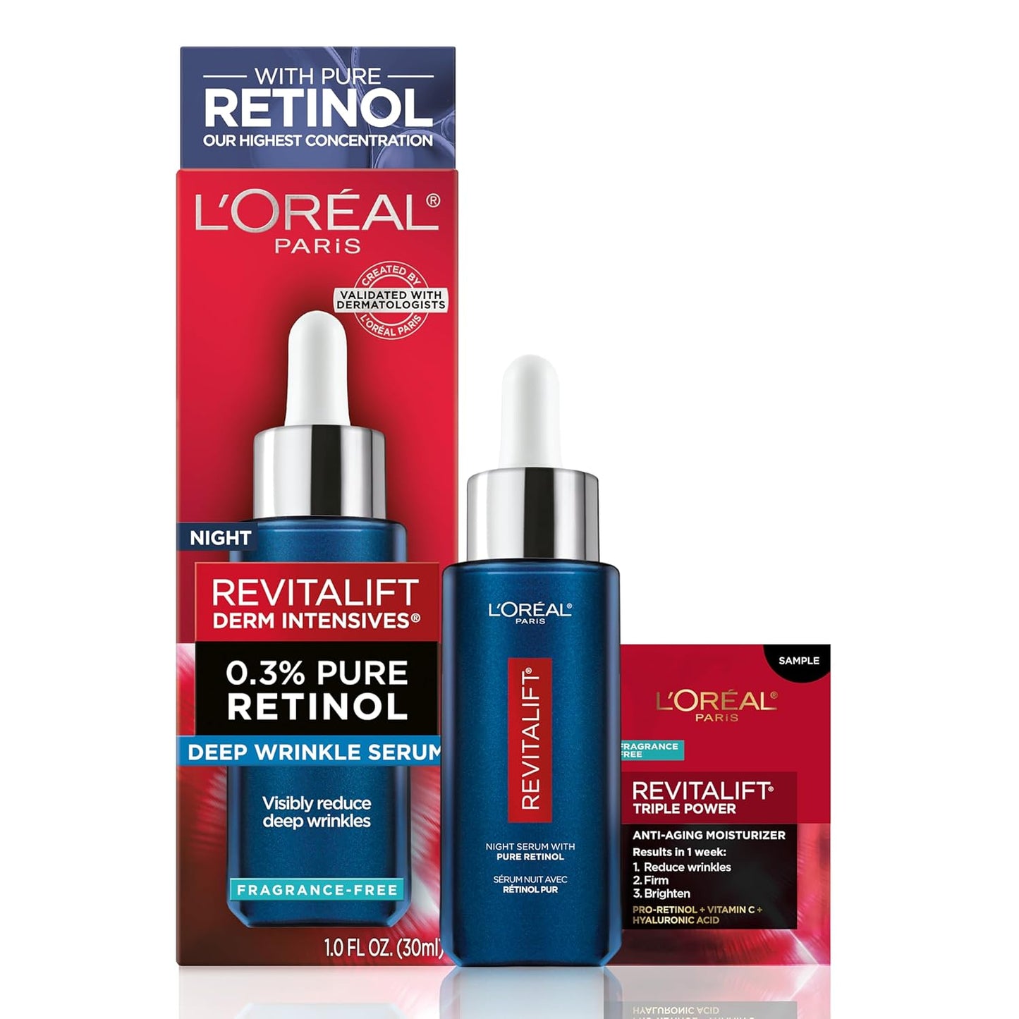 L'Oreal Paris Revitalift Night Serum - 0.3% Pure Retinol for Deep Wrinkles | Fragrance-Free, 1 oz