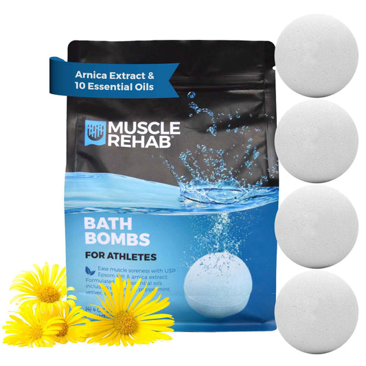 Muscle Rehab Epsom Salt Bath Bombs with Arnica (4 Pack) | Magnesium Recovery Soak for Sore Muscles, Post-Workout Relief & Relaxation | Eucalyptus, Turmeric & Clary Sage Essential Oils