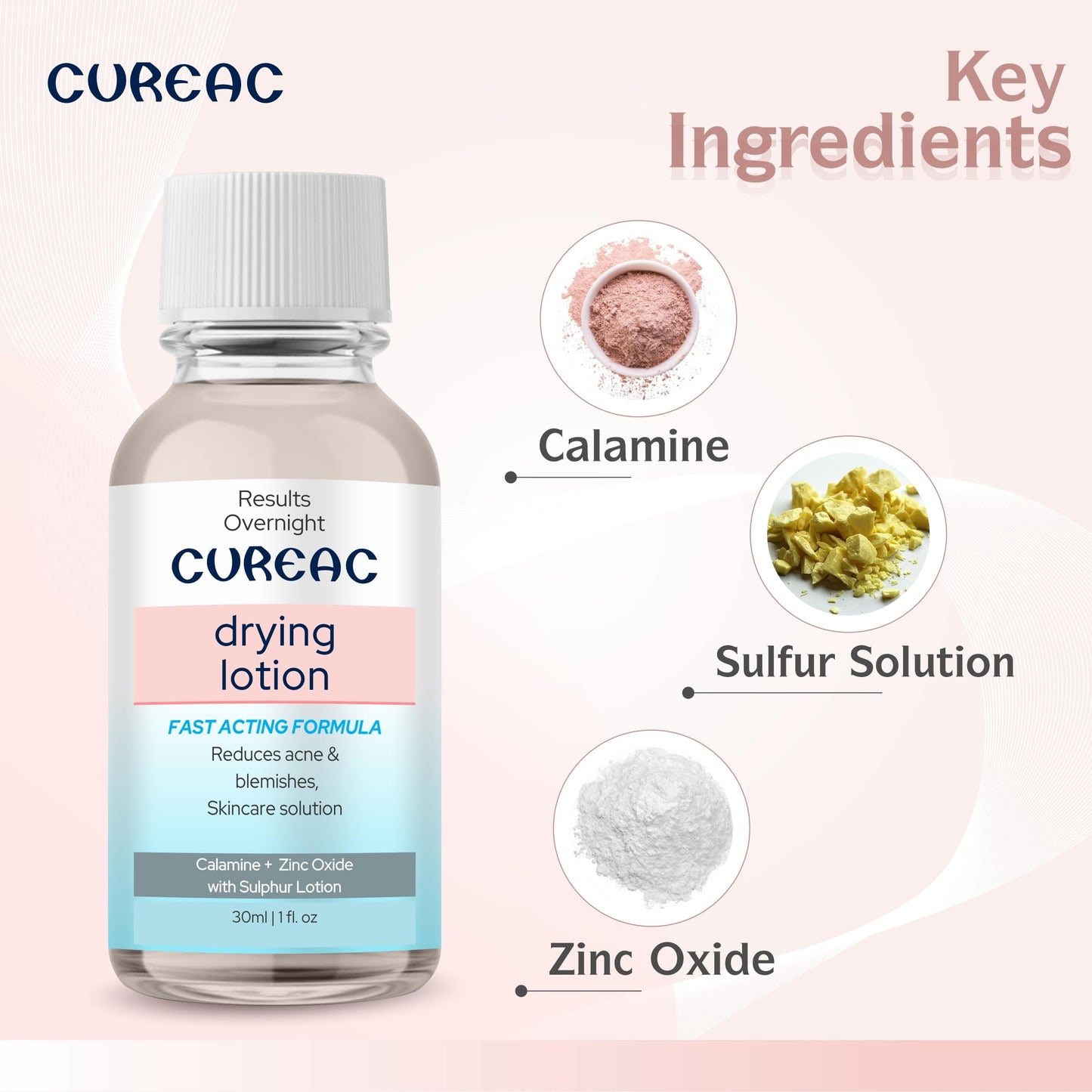Salve Cureac Drying Lotion with Calamine, Zinc Oxide & Sulphur - 30 ml / 1.01 fl oz | Acne & Spot Care Lotion for Clear & Balanced Skin