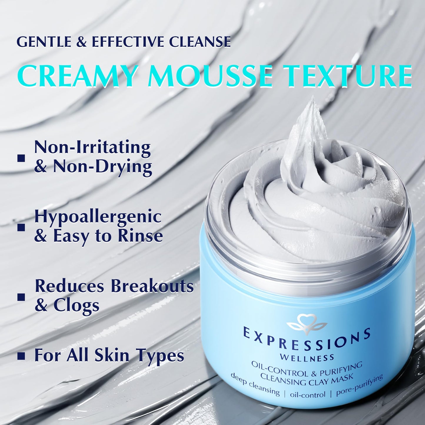 EXPRESSIONS WELLNESS Clay Mask for Face: Deep Cleansing Pore, Dead Sea Mud Mask with Salicylic Acid, Oil-Control, Reduces Acne – for Sensitive, Oily & Acne-Prone Skin, 4.06 Oz
