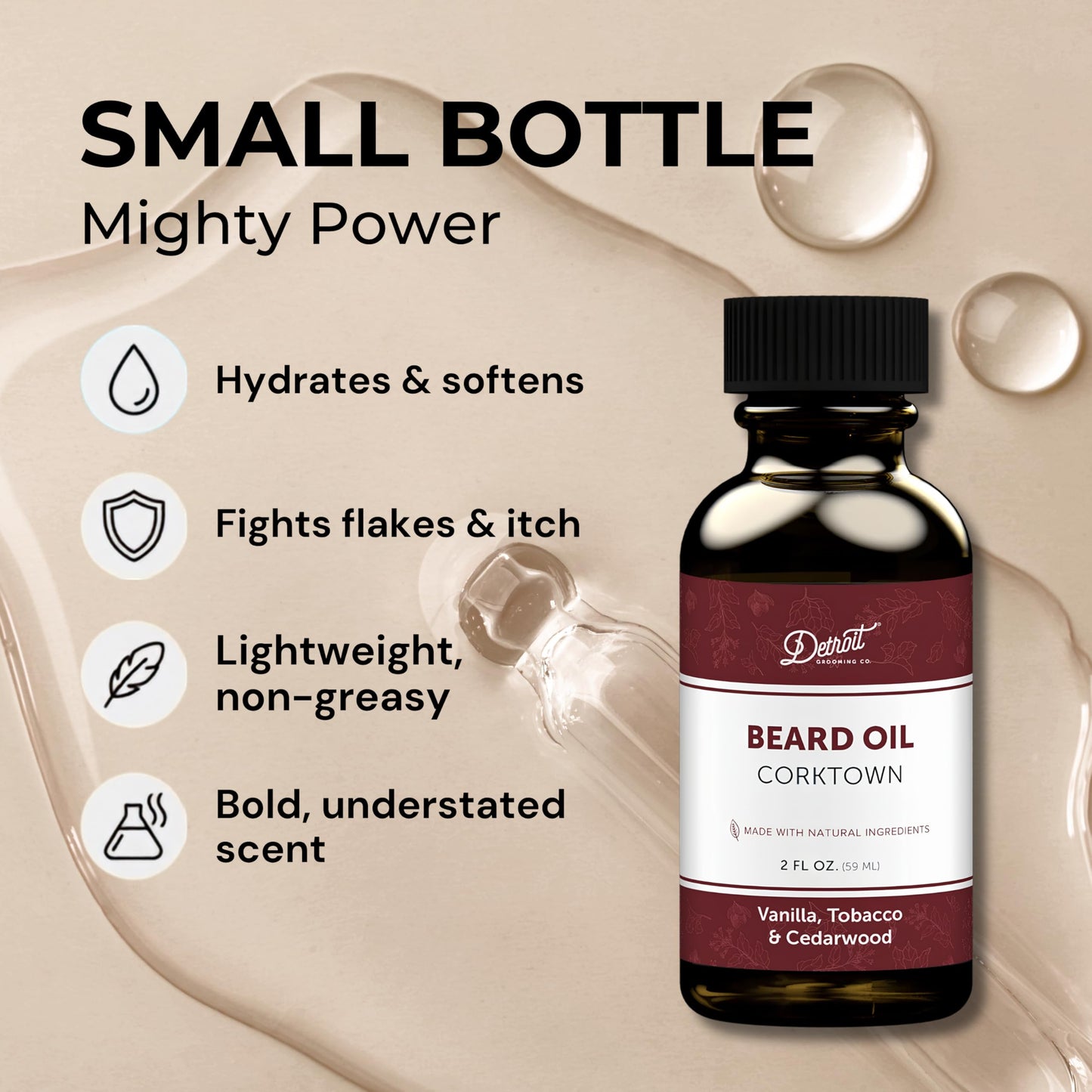 Detroit Grooming Co. Beard Oil (2oz) - Sweet Vanilla & Tobacco - Premium Nourishing Formula with Sweet Almond Oil & Vitamin E - Men's Beard Softener & Moisturizer - Double Size