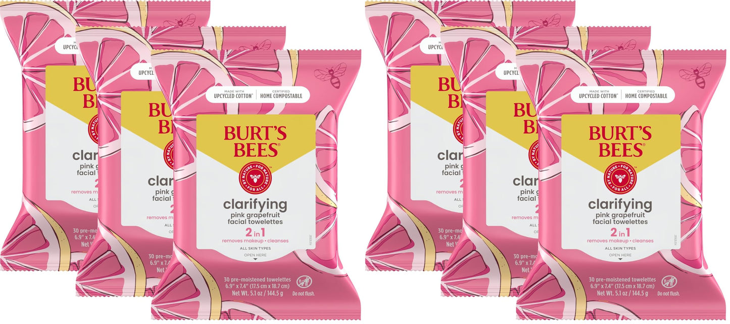Burt's Bees Pink Grapefruit Face Wipes, for All Skin Types, Hydrating Makeup Remover & Facial Cleansing Towelettes, 90 Ct. (Pack of 2)