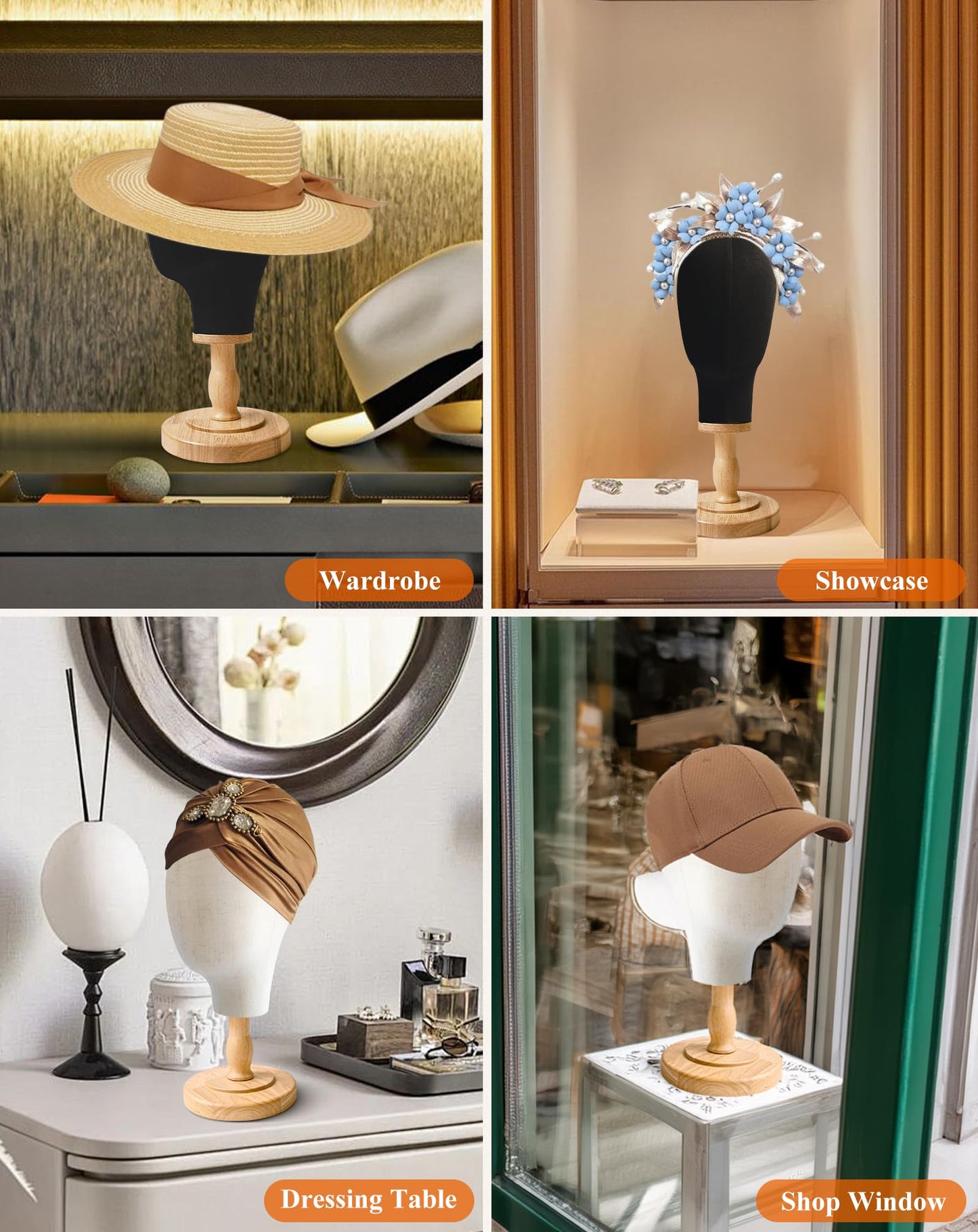 CHADWICK 21" Canvas Wig Head Stand with 7pc Alligator Clips & Pins Kit -Salon Mannequin Head for Wig Making, Hat Display, Styling Tools - Includes Detachable Wood Stand (002, 1PC+PJ)