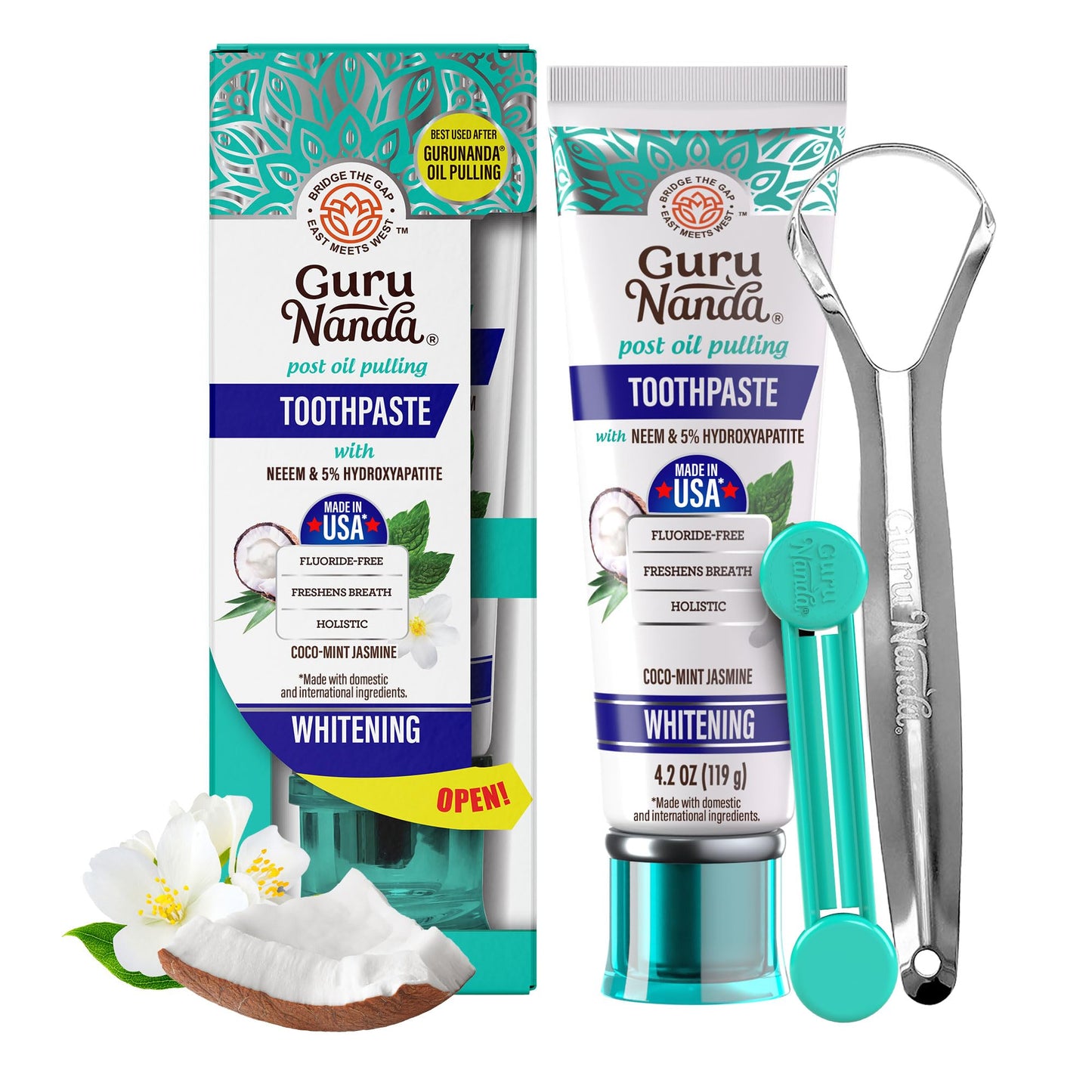 GuruNanda Hydroxyapatite Toothpaste for Whitening with Neem & Xylitol, SLS & Fluoride Free Formula with Tongue Scraper & Squeezer - Freshens Breath, Fights Plaque - Natural CocoMint Jasmine, 4.2oz