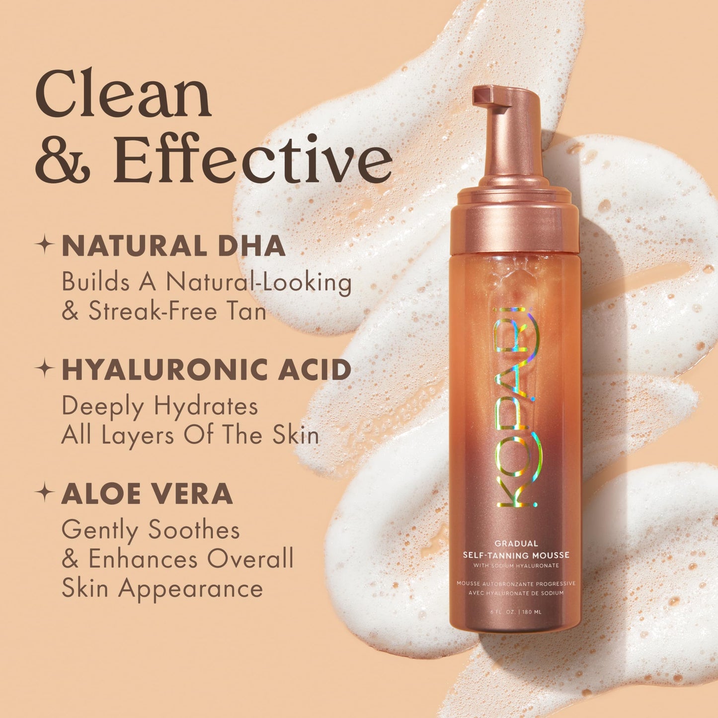 Kopari Gradual Self-Tanning Mousse Infused with Hyaluronic Acid, Even Application, Long-Lasting Natural Color, Smooth Streak-Free Results