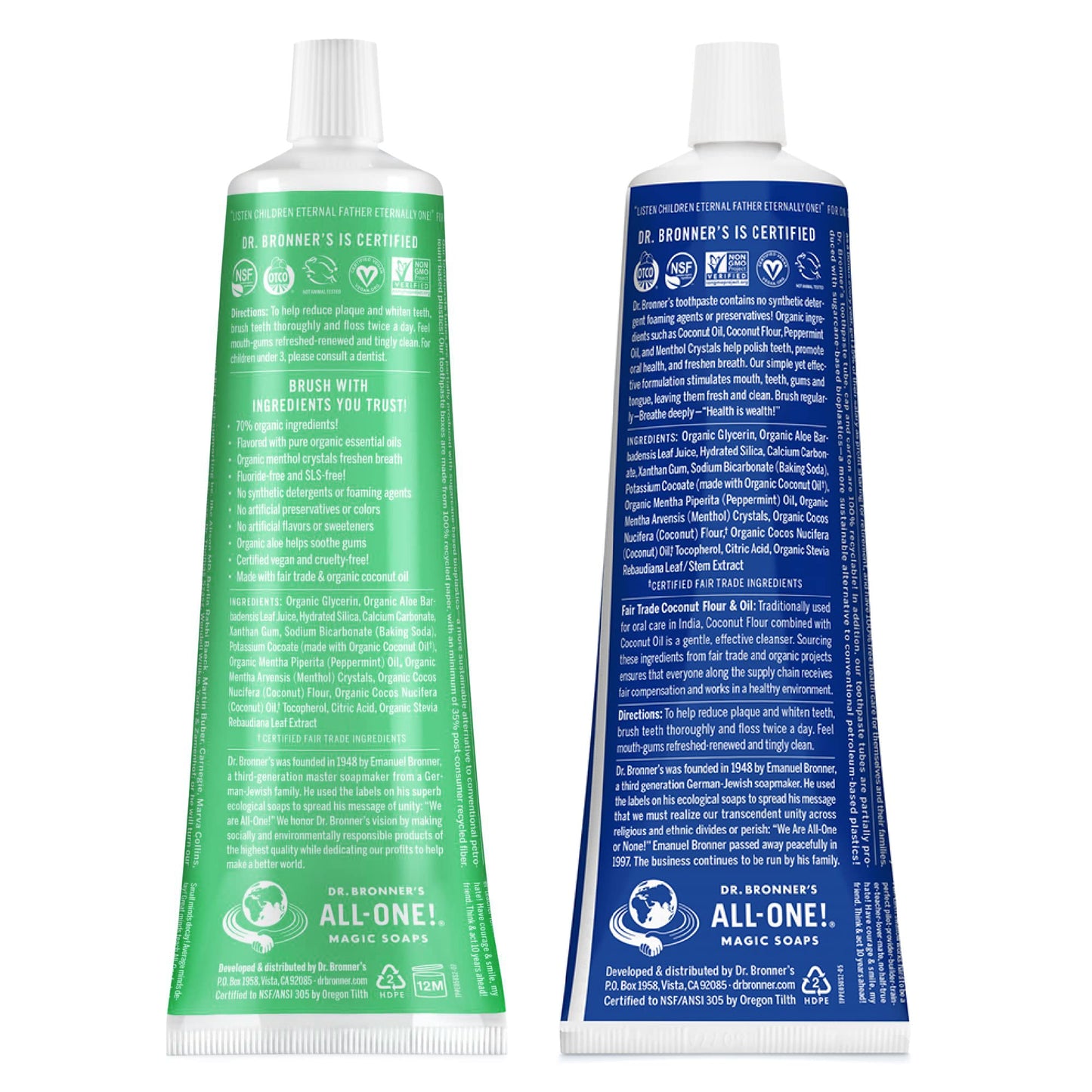 Dr. Bronner’s All-One Toothpaste– Peppermint & Spearmint, 5 oz, 2-Pack– Fluoride-Free Toothpaste for Adults, 70% Organic & Natural Ingredients, Vegan, Helps Freshen Breath, Reduce Plaque, Whiten Teeth