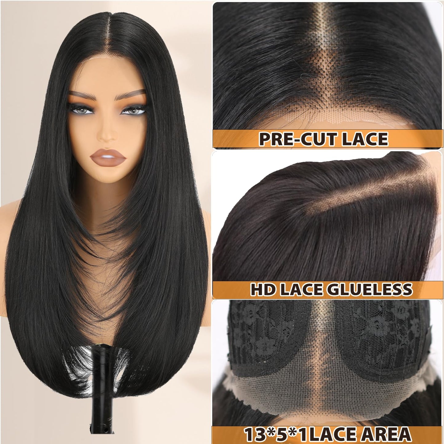 NOSTALGIA Black Glueless Lace Front Wig - 26 Inch Straight Synthetic Layered Style for Women