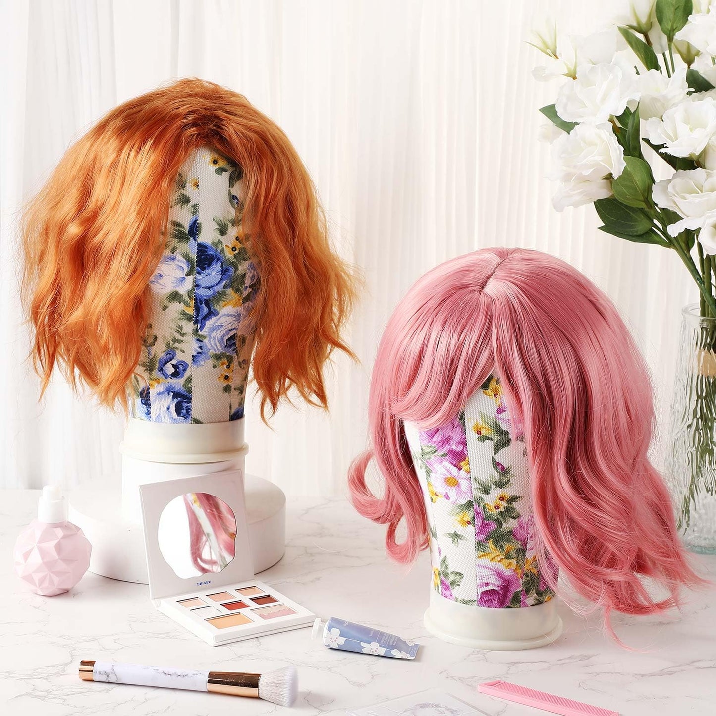 DoubleFill 2-Piece Mannequin Heads for Wigs - 22 Inch Canvas Wig Heads with Mount Hole Pins & 2 C Clamp Stand Holder for Lace Wig Making & Display (Floral)