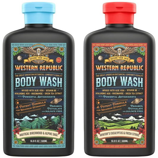Western Republic - Aviator’s Eucalyptus & Fresh Citrus & Nautical Birchwood & Alpine Sage Body Wash Shower Gel - Hydrating Cleanser - 500ml 2 Pack