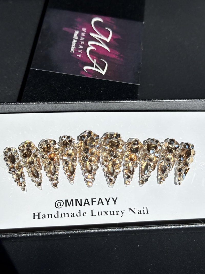 Luxury Gems Handmade Gold Stiletto Press-On Nails - 3D Rhinestone Full Cover Acrylic Nail Kit | Reusable, Gorgeous Design, Size L
