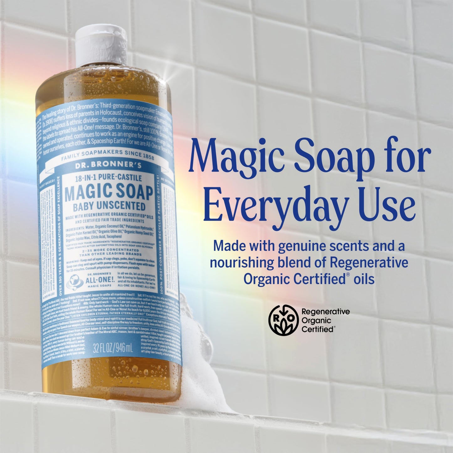 Dr. Bronner's Magic Soap-Pure-Castile Liquid Soap (Baby Unscented, 32 ounce, 2-Pack)-Regenerative Organic Certified Oils, 18-in-1 Uses: Body, Laundry & Dishes, For Sensitive Skin, No Fragrance