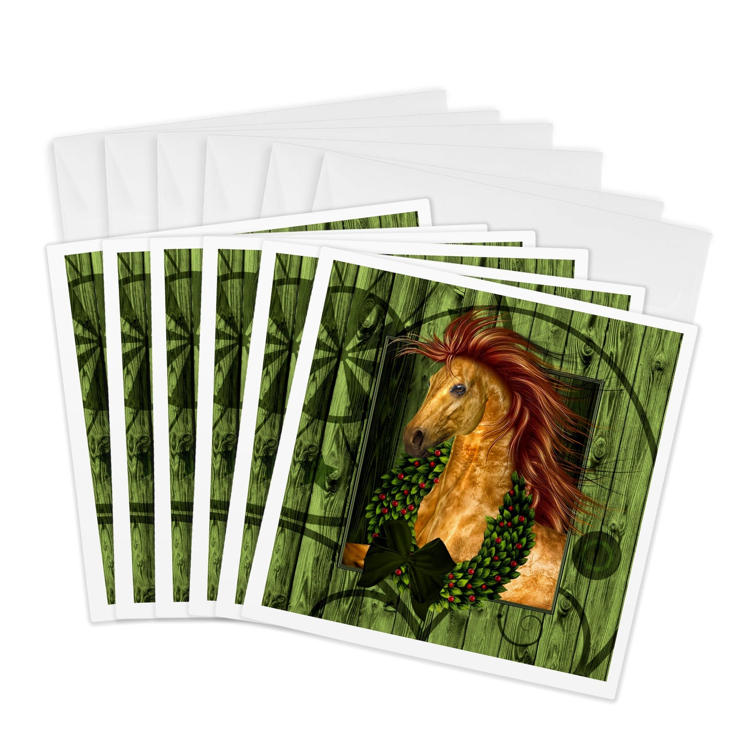 3dRose Western Christmas Horse with Wreath and Barn Wood Greeting Cards, Set of 6 (gc_164738_1)