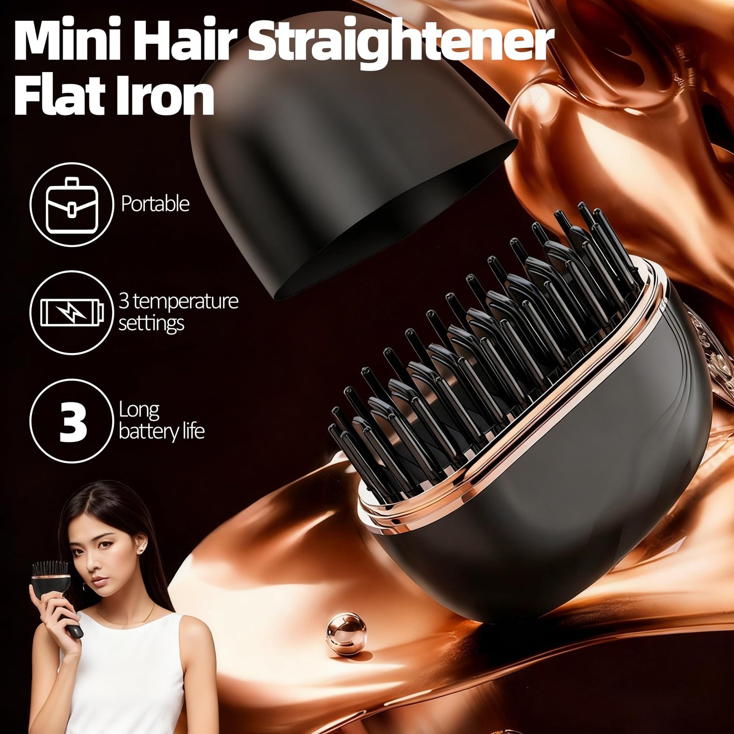 Mini Hair Straightener, Rechargeable Portable Hair Straightener Brush, 3-Speed Temperature Control, Anti-Scald Shell, Lightweight & Portable Travel (Pink)