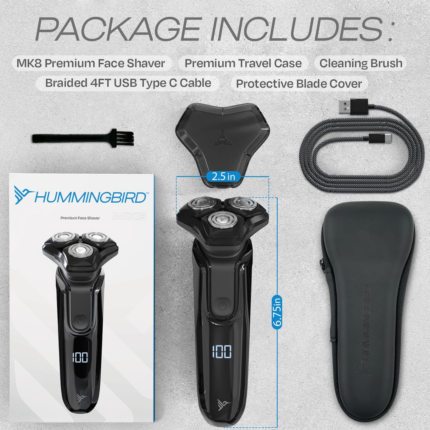 HUMMINGBIRD MK8 Premium Rotary Face Shaver, Rechargeable Wet & Dry Electric Shaver with Pop-up Trimmer, Electric Razor for Men, Waterproof, Cordless USB-C Rechargeable, LED Display, Travel Case