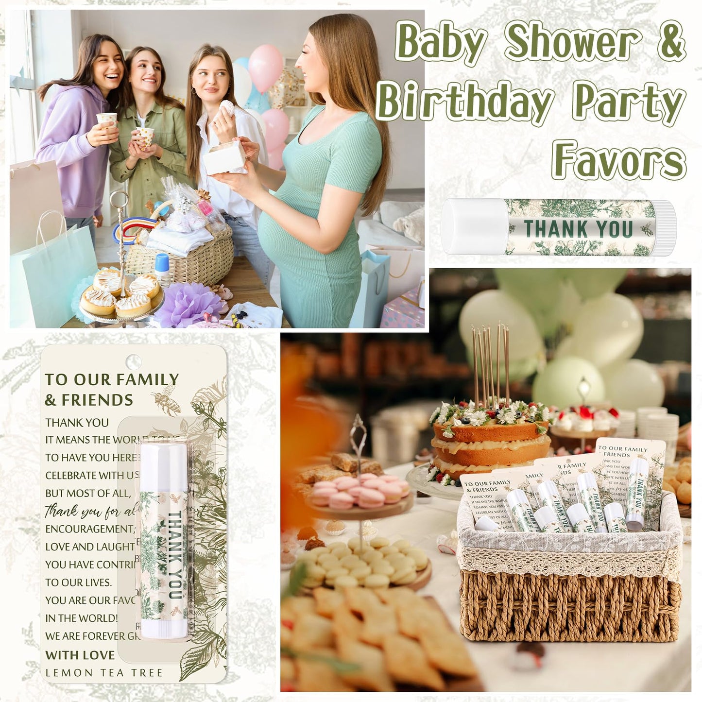 Swiffen 36 Pcs Green Chinoiserie Wedding Favor Gift for Guests Lip Balm Lemon Tea Tree Scent Baby Shower Favors for Gender Reveal Games Prizes Bridal Shower Party Supplies