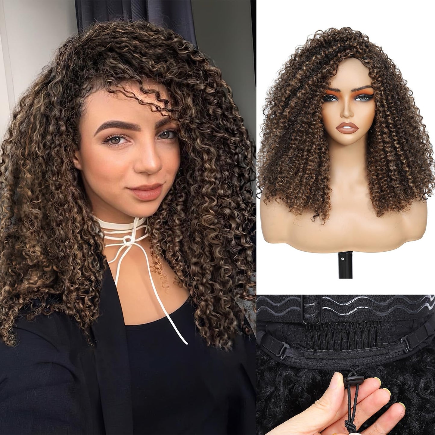 Fine Plus Curly Half Wig for Black Women, 3 in 1 Glueless Half Wig Seamless Flip Over Protein Synthetic Curly Wig Soft Fiber Feel Like Human Hair Long Lasting Curl Degree Lightweight Beginner Friendly