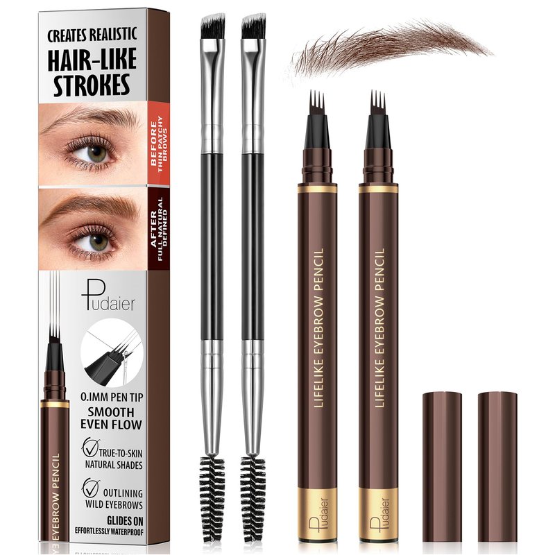 2 Pack 4-Tip Microblading Eyebrow Pen with 2 Brow Brushes, Waterproof Vegan Formula Eyebrow Pencils for Women to Effortlessly Create Natural Hair-Like Strokes, All-Day Wear (Dark Brown)