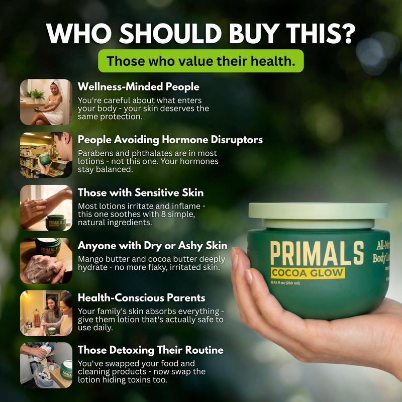 PRIMALS All Natural Body Lotion - Cocoa Butter & Mango Butter - 100% Naturally Derived Ingredients - Alcohol Free, Artificial Fragrance Free, Paraben Free, Petroleum Derivative Free - 8.45 oz