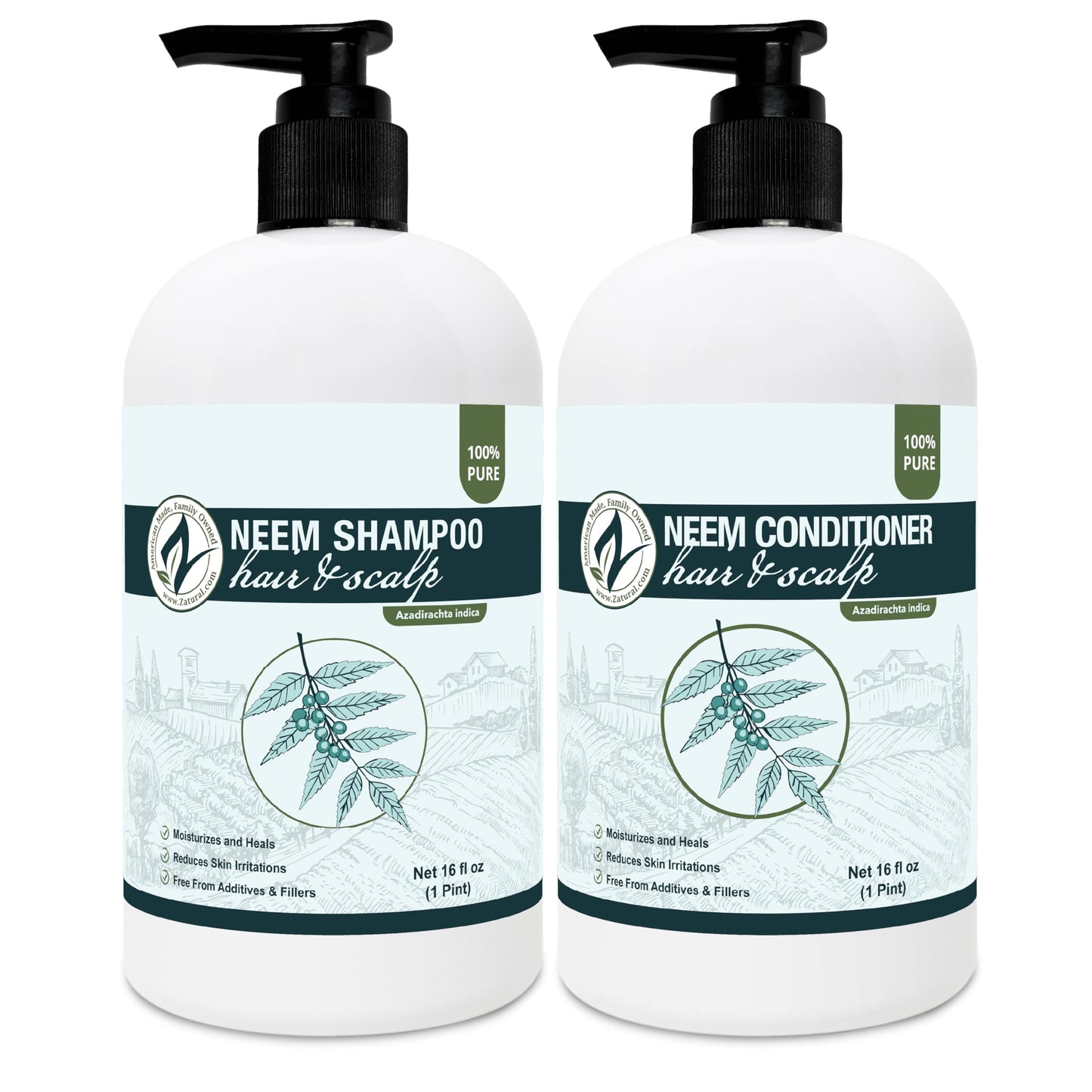 Zatural Natural Neem Shampoo & Conditioner Kit, Health Soothing & Healing For Sensative Scalp & Hair Nourish & Repair (16oz Shampoo & 16oz Conditioner)