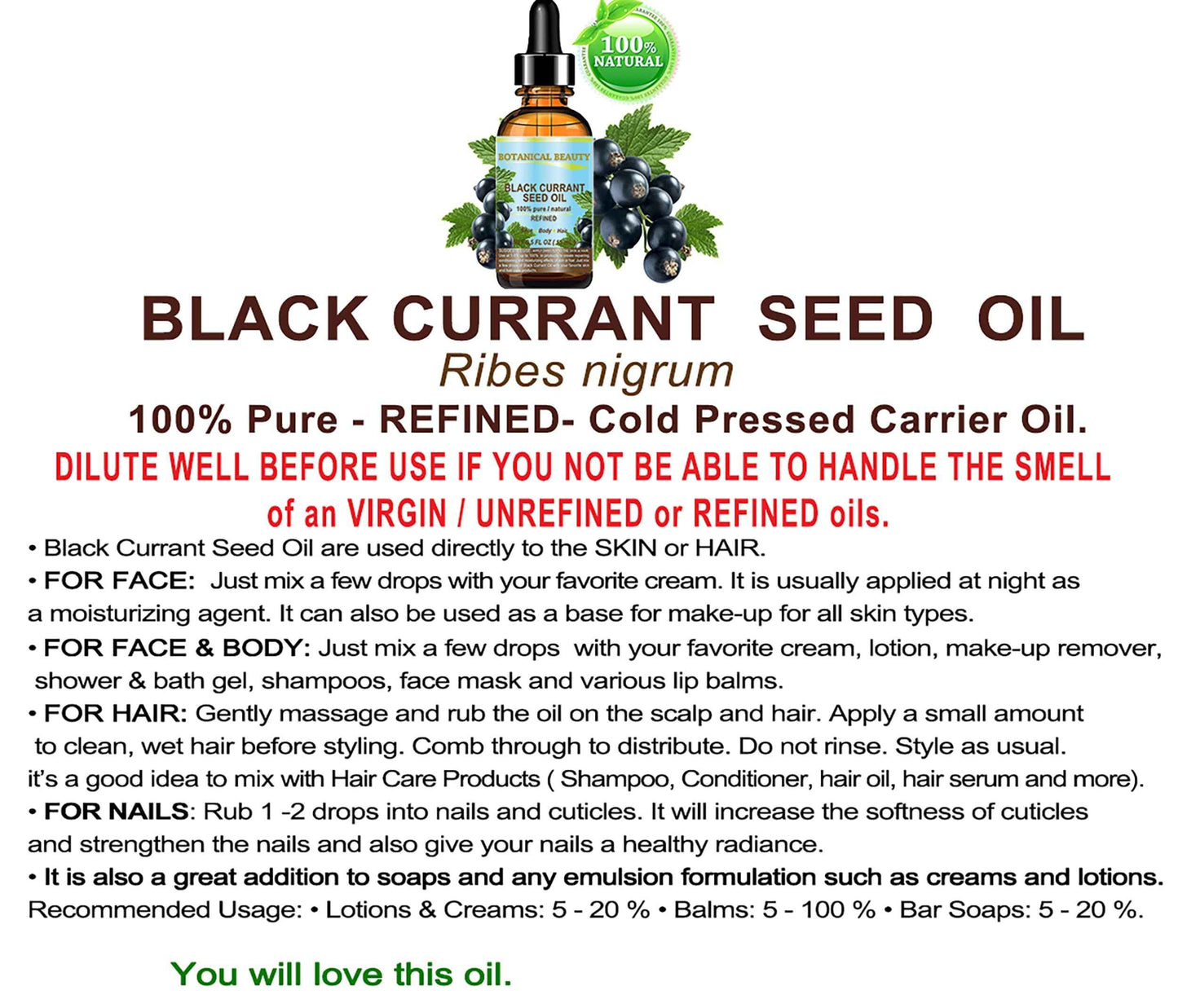 Botanical Beauty BLACK CURRANT SEED OIL 100% Pure Natural Undiluted Refined Cold Pressed Carrier Oil for Skin, Hair, Lip and Nail Care (1 Fl Oz)