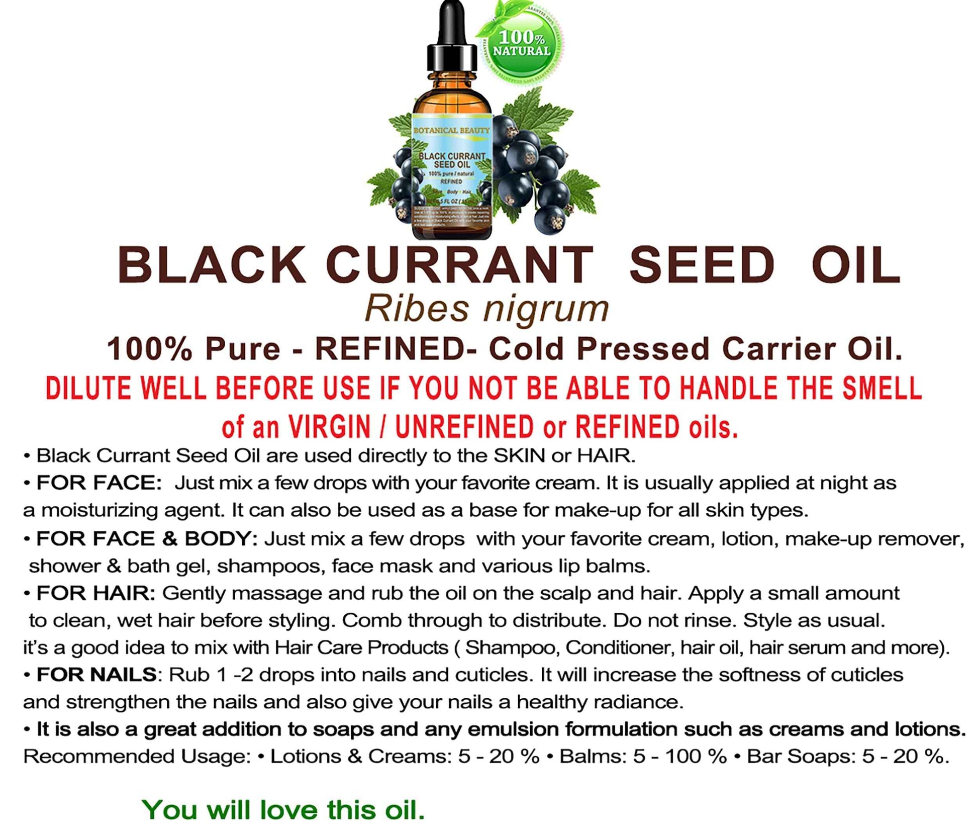 Botanical Beauty BLACK CURRANT SEED OIL 100% Pure Natural Undiluted Refined Cold Pressed Carrier Oil for Skin, Hair, Lip and Nail Care (1 Fl Oz)