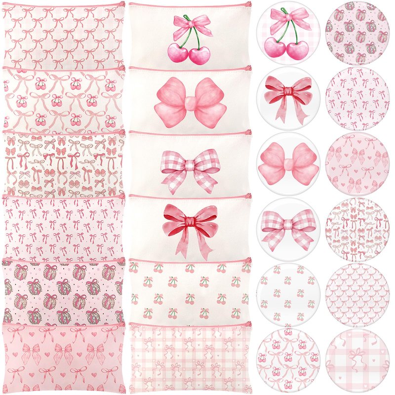 Chunful 12 Sets Coquette Bow Party Favors Includs Bow Canvas Makeup Bags with Zipper and Round Mini Compact Mirror for Women Baby Shower Quinceanera Girl Night Party Favors(Pink,Cute)